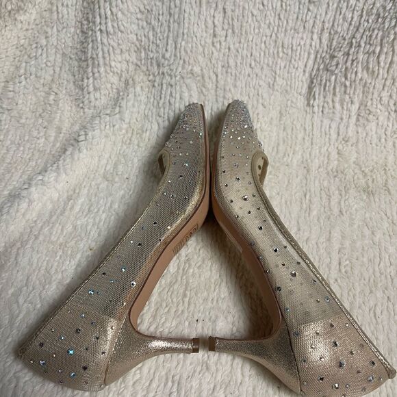 De Blossom Collection Beige net Rhinestone synthetic gold trim &kitten heel SZ10 - Picture 5 of 9